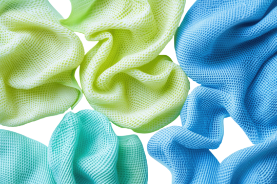 Crinkled fabrics in lime, turquoise, and blue with textured mesh weave