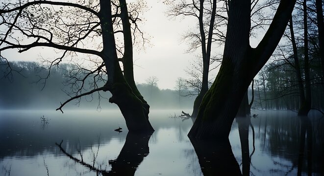 Misty Waters and Silhouetted Trees Reflecting in Calm Lake.