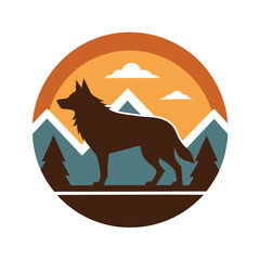 Wolf Silhouette in Mountain Landscape Emblem canine