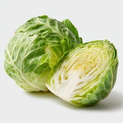 Obraz premium Isolated on bright white background, fresh green cabbage whole and sliced in half showing crisp layered texture and natural veins. Soft studio lighting, clean shadows, ultra-realistic detail,