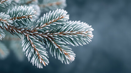 Beautiful frozen fir branch covered in frost on cold winter morning. tranquil closeup of pine needle provides serene nature background with copy space for text