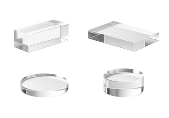 Four clear acrylic blocks and cylinders, isolated on transparent background