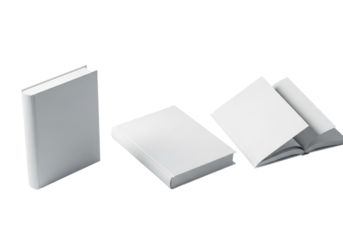 Three blank white books in different orientations, isolated on transparent background