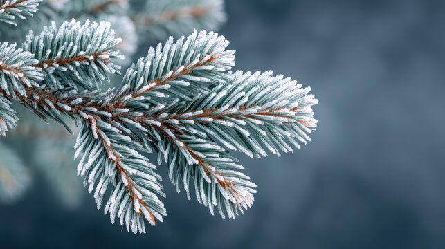 Beautiful frozen fir branch covered in frost on cold winter morning. tranquil closeup of pine needle provides serene nature background with copy space for text