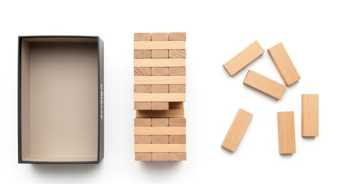 Wooden block tower game setup with open box and loose pieces on white background