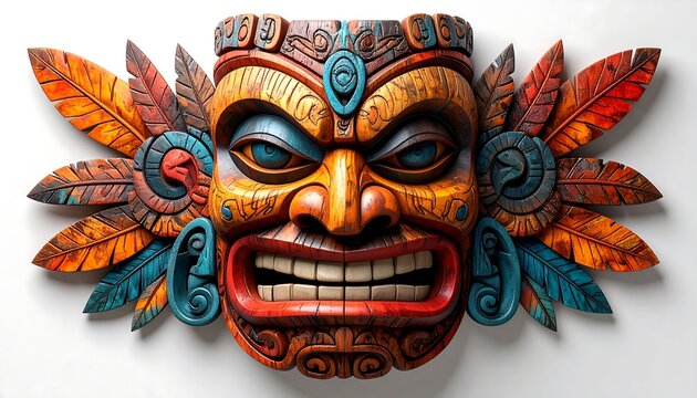 A detailed close-up of a colorful, carved wooden mask with an angry expression, stylized feathers, and intricate details