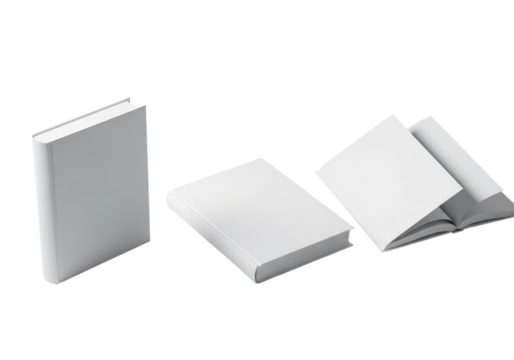 Three blank white books in different orientations, isolated on transparent background