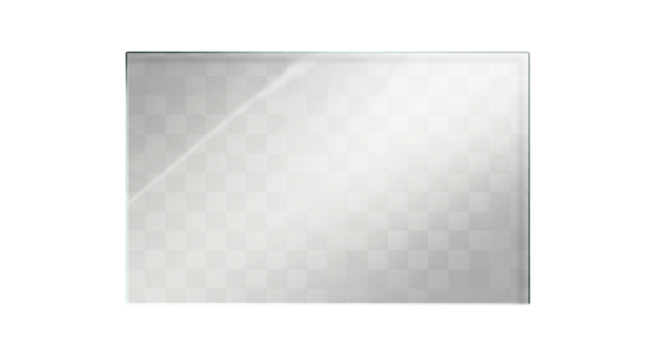 A clear, transparent glass rectangle with a subtle diagonal light reflection, isolated on transparent background