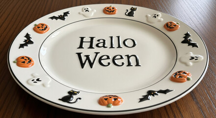 Halloween Celebration Platter with Spooky Pumpkins Bats Cats Ghosts 
