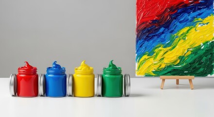 Colorful abstract painting with red, blue, yellow, green paints and easel on white surface
