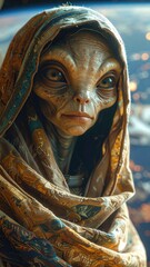 Alien Portrait Golden Hood Space Background