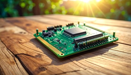 Green Circuit Board Technology on a Rustic Wooden Surface.