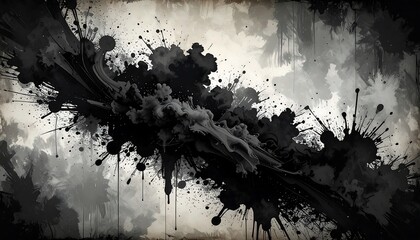 Abstract Black Ink Splatter Explosion on Textured Grunge Background