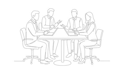 Dotted Line Drawing Four Person Business Meeting at Table Illustration