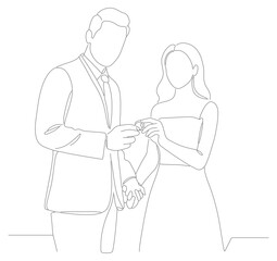 Simple Outline Wedding Couple Illustration with Ring Ceremony Line Art