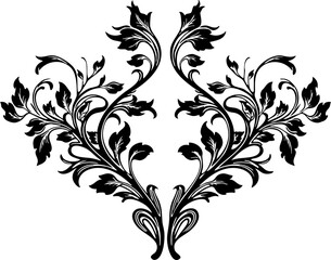 Obraz premium Elegant black floral scrollwork flourishes creating a symmetrical ornate design perfect for luxury branding and sophisticated invitations