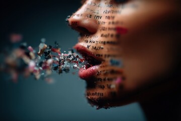Close-up of a woman's face with text overlayed, representing communication breakdown, information overload, or the power of words.