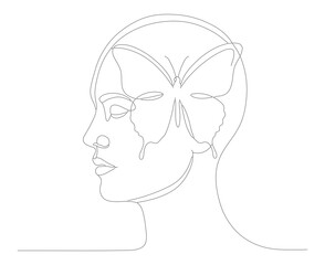 Minimalist Outline Head With Butterfly Mask Female Creative Illustration