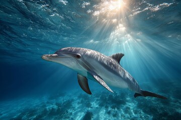 Fototapeta premium Dolphin swimming in clear blue water with sun rays, tropical ocean.