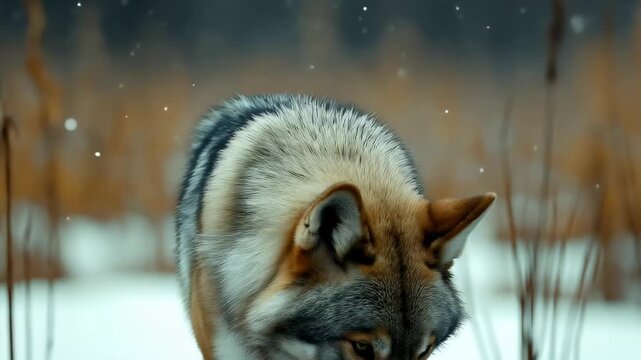 Gray wolf looking upwards during a light snowfall in the wild during the day