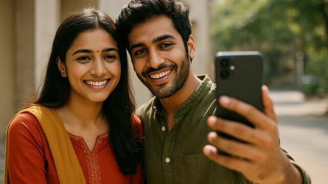 A cheerful couple takes a selfie outdoors, smiling at the camera. The video captures a close-up angle, highlighting their joyful expressions.