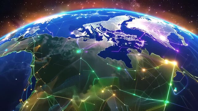 A glowing 3D Earth space, standard latitude/longitude lines, colorful aurora veins wrap pathways energy, networks living neural connections symbolizing global data fusion organic twist