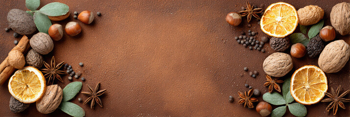 Warm Christmas background with aromatic spice like cinnamon, anise, nutmeg, and hazelnut. Dried orange and festive holiday decoration on rustic wood banner top view