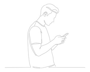 Minimalist Outline Man Using Smartphone Mobile Device Line Art Illustration