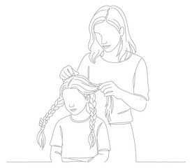 Minimalist Outline Illustration of Mother Brushing Daughter's Hair in Line Art