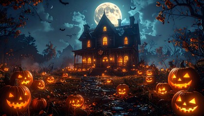 Haunted House Halloween Night Full Moon Spooky Pumpkins.