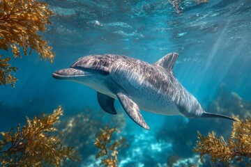 Graceful bottlenose dolphin swimming through sunlit blue ocean water.