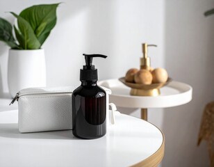 Obraz premium Sleek black pump bottle mockup placed on a minimalist bathroom sink, perfect for showcasing skincare or liquid products in a modern, clean setting