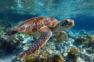 Obraz premium A beautiful green sea turtle glides through clear blue tropical waters.
