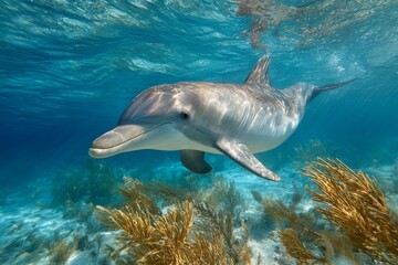 Naklejka premium Curious bottlenose dolphin swimming serenely in the sunlit clear ocean reef.