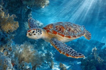 Obraz premium Green sea turtle gracefully glides over vibrant coral, sunlit blue ocean.