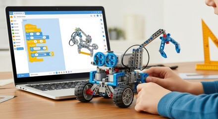 Child building robotic arm with laptop for stem education