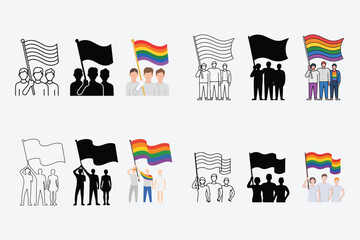 Diverse groups holding pride and protest flags symbolizing unity and activism