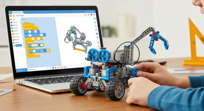 Child building robotic arm with laptop for stem education