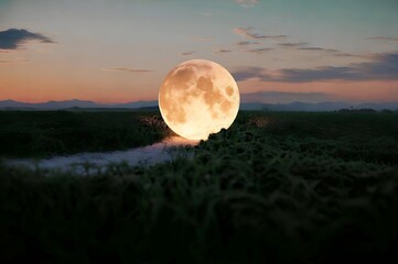 A surreal, magical dreamscape of a giant, luminous full moon rising from a tranquil, grassy field at sunset. A peaceful and glowing fantasy landscape.
 Generative Ai.