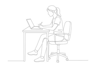 Minimalist Line Drawing Woman Working on Laptop at Desk Illustration