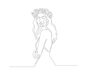 Minimalist Line Art Portrait of Beautiful Woman with Floral Crown Illustration