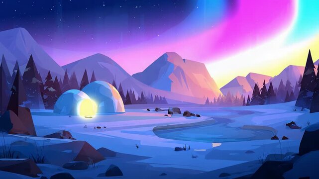 A Majestic Arctic Landscape, Featuring Igloos and a Stunning Aurora Borealis Illuminating the Night Sky, Surrounded by Snowy Mountains and Pine Trees