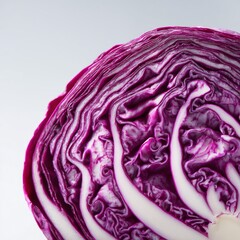 half purple cabbage with vibrant magenta hue and detailed natural pattern. Bright white background, advertising-quality lighting, high-definition commercial photo for antioxidant and health food