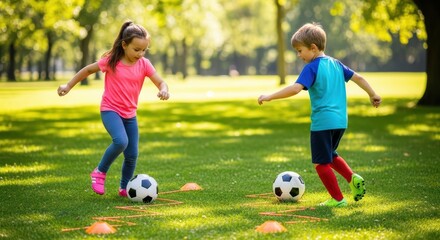 Young caucasian girl and boy playing soccer in park on sunny day