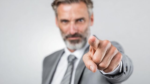 A confident and assertive man in a business suit pointing directly at the camera, exuding authority and charisma in a professional setting, illustrating determination and leadership.