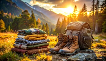 Hiking Gear and Backpack in Mountain Landscape at Sunset.