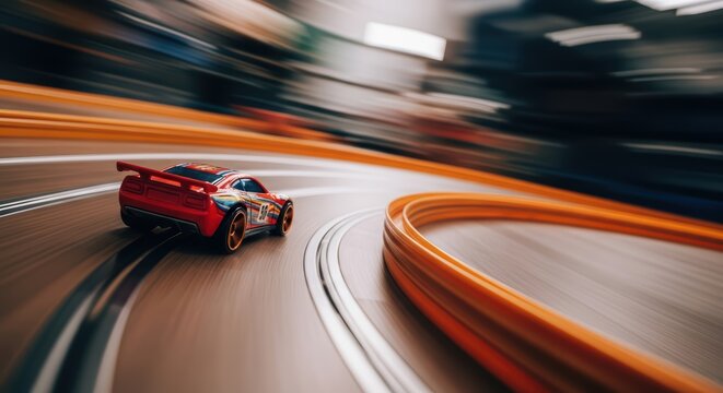 Red toy race car on curved track at high speed with motion blur