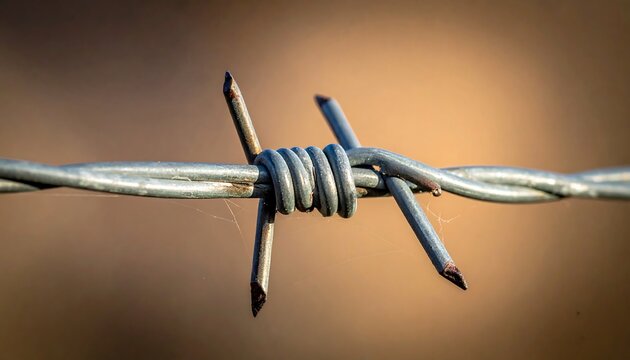 A macro photograph shows a close-up of a strand of barbed wire against a soft, out-of-focus background. Sharp barbs protrude, metallic