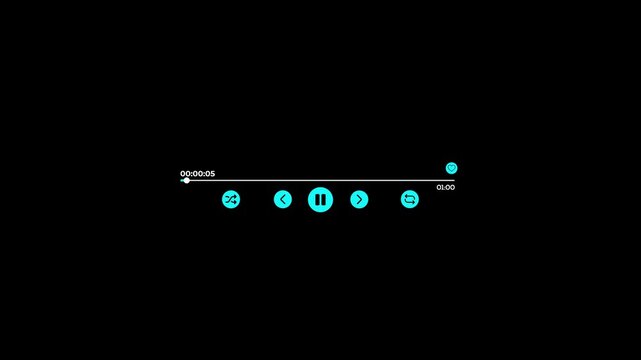 Animated minimalist media player interface with playback controls and progress bar on black background
