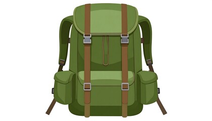 A front view of an outdoor hiking backpack. It is primarily green with brown straps and silver buckles. It sits isolated against a plain white backdrop